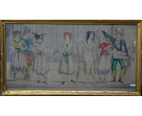 Albert Rutherston (1881-1953) - 'Mimes', theatrical design, watercolour on silk, signed and dated 1925 lower right, 35 x 68 c
