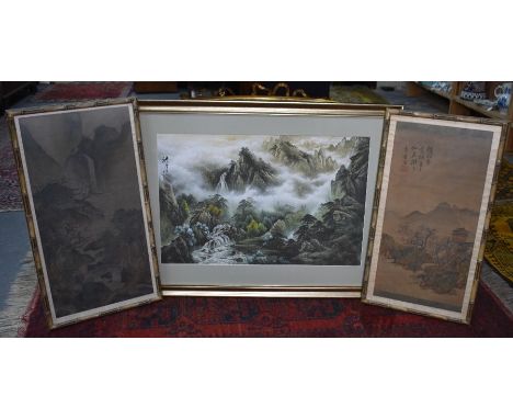 Two 19th century Chinese watercolours on silk of mountain landscapes with figures and dwellings, one with inscription and sea