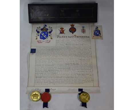 A Victorian hand-painted and manuscript Grant of Arms vellum scroll, to Captain Walter Henry Smith, HM Indian Military Forces