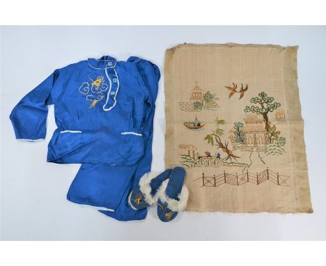 A traditional Chinese children's festival outfit, blue with dragon embroidery c/w a pair of matching shoes to/w a Chinese dec