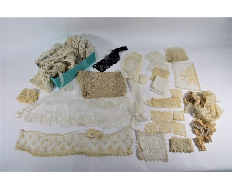 A collection of 19th century and later lace pieces including Brussels lace, tape lace, needlerun lace, bobbin lace, Buratto-t