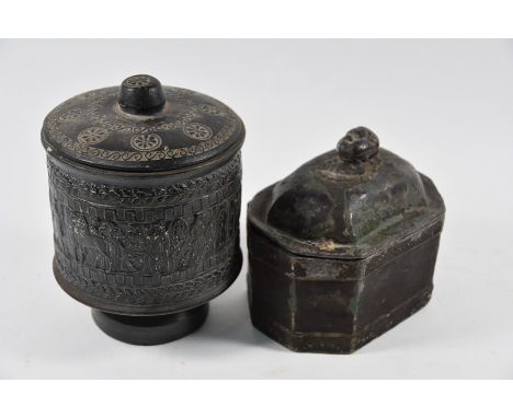 An early 19th century lead tobacco box and cover with finial modelled as a head, 13 cm wide to/w a Greek ceramic jar and cove