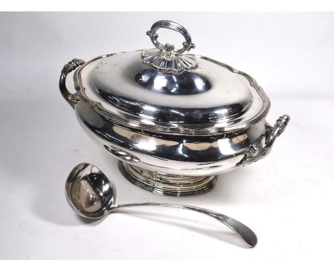 A large electroplated soup tureen and cover with twin handles, on stemmed foot, 36cm wide o/a, to/w an epns OEP ladle (2)