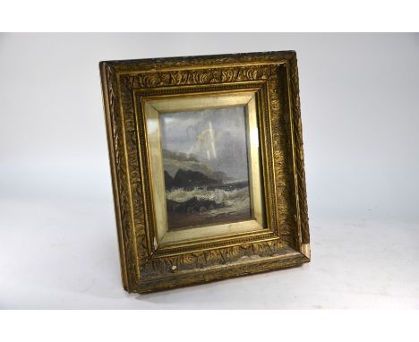 19th century English School - Wreck off a stormy coast, oil on panel, 24 x 19 cmBeneath glass, various surface losses, would 