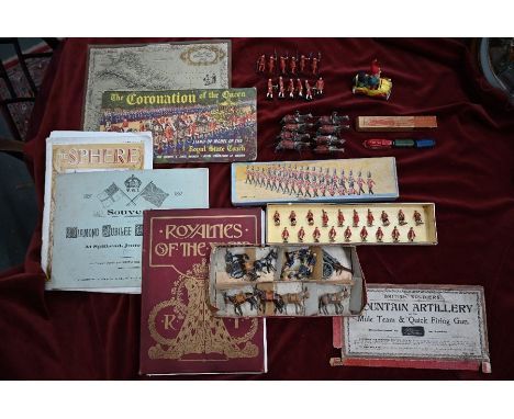 A W. Britain boxed set 'Mountain Artillery' no.28, (af), to/w a Johillco Coronation set Box B Coach Attendants (19 pieces), b