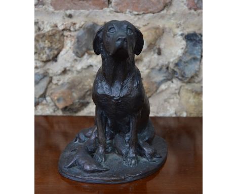 Mary Beattie Scott, a brown bronze study of a dog, seated with her five pups suckling, on integral circular plinth signed and