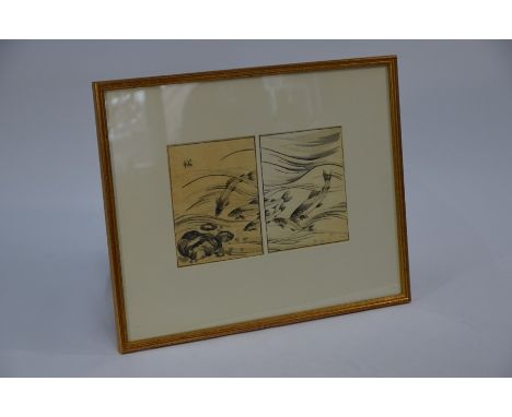 Tachibana Morikuni - A Japanese Diptych woodblock print of carp swimming upstream over a rocky riverbed, Meiji period circa18