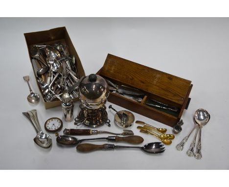 Various Georgian and later silver-mounted and electroplated flatware and cutlery, etc, including a Victorian stilton scoop wi