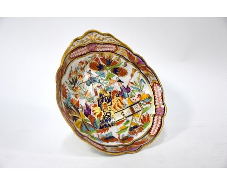 A Regency Barr, Flight &amp; Barr Worcester porcelain shrimp dish, printed and painted with scarce Chinoiserie Bird Hunt patt