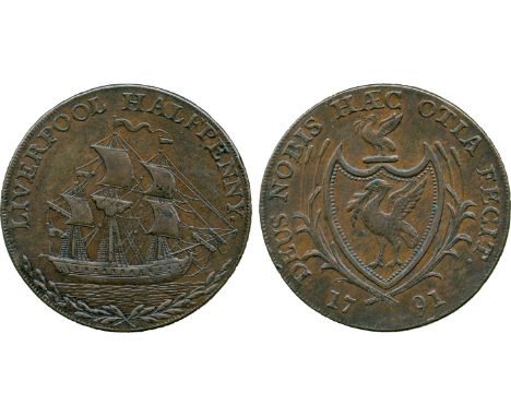 BRITISH 18th CENTURY TOKENS, Thomas Clarke, Copper Halfpenny, 1791, obv ship under sail to right, LIVERPOOL HALFPENNY. above,