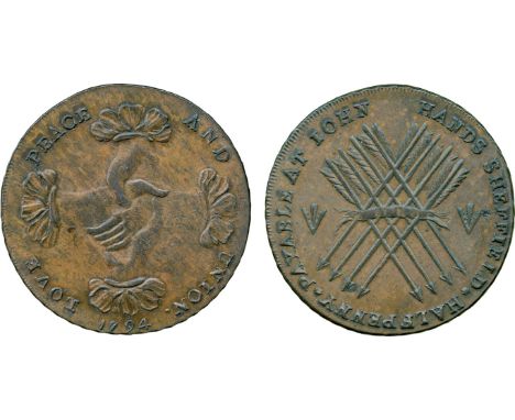 BRITISH 18th CENTURY TOKENS, John Hands, Copper Halfpenny, 1794, obv four hands crossed, LOVE PEACE AND UNION . 1794 around, 