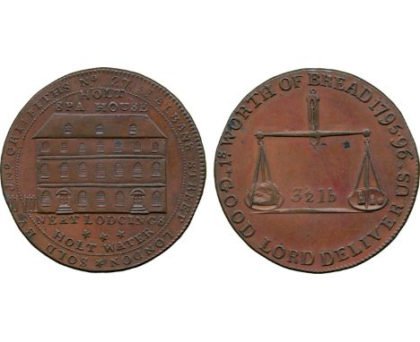 BRITISH 18th CENTURY TOKENS, Peter Kempson, Copper Halfpenny mule, obv view of a building, HOLT SPA HOUSE above, NEAT LODGING