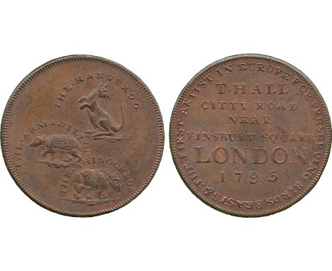 BRITISH 18th CENTURY TOKENS, Thomas Hall, Copper Penny, 1795, obv three quadrupeds, THE . KANGUROO, THE . ARMADILLO and THE .