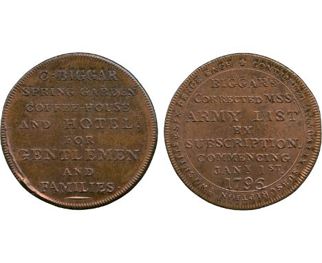 BRITISH 18th CENTURY TOKENS, Charles Biggar, Copper Halfpenny, 1796, obv C : BIGGAR SPRING - GARDEN COFFEE - HOUSE AND HOTEL 