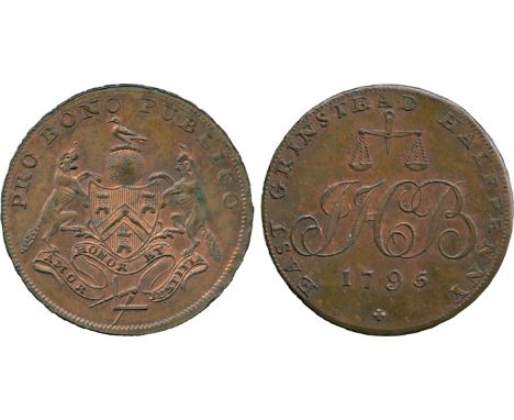 BRITISH 18th CENTURY TOKENS, John Hicks Boorman, Copper Halfpenny, 1795, obv Freemasons’ Arms and supporters, crest a bird up