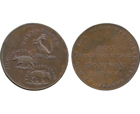 BRITISH 18th CENTURY TOKENS, Thomas Hall, Copper Halfpenny, 1795, obv three quadrupeds, THE . KANGUROO, THE . ARMADILLO and T