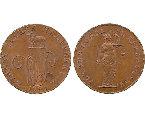 BRITISH 18th CENTURY TOKENS, William Paris, Copper Halfpenny, 1794, obv cypher W. P., lamb above, 1794 below, ROMNEY MARSH HA
