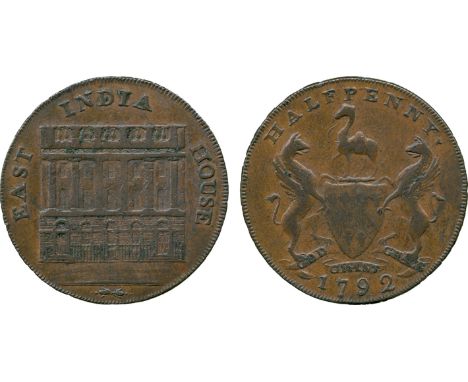 BRITISH 18th CENTURY TOKENS, John Downing, Copper Halfpenny, 1792, obv view of a building, EAST INDIA HOUSE. Around, the firs