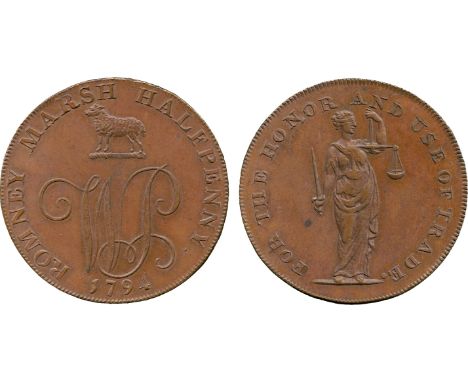 BRITISH 18th CENTURY TOKENS, William Paris, Copper Halfpenny, 1794, obv cypher W. P., lamb above, 1794 below, ROMNEY MARSH HA