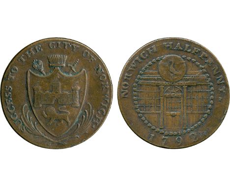 BRITISH 18th CENTURY TOKENS, Dunham & Yallop, Copper Halfpenny, 1792, obv shield of arms of the city of Norwich upon a sword 