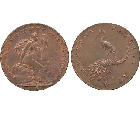 BRITISH 18th CENTURY TOKENS, Birmingham Mining & Copper Co., Copper Halfpenny, 1791, obv female seated upon a rock holding a 