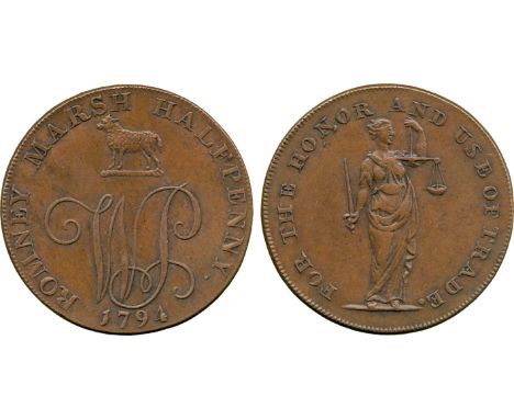 BRITISH 18th CENTURY TOKENS, William Paris, Copper Halfpenny, 1794, obv cypher W. P., lamb above, 1794 below, ROMNEY MARSH HA