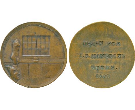 BRITISH 18th CENTURY TOKENS, John Gregory Hancock, Copper Penny, 1800, obv view of the interior of a workshop, an artist’s mo
