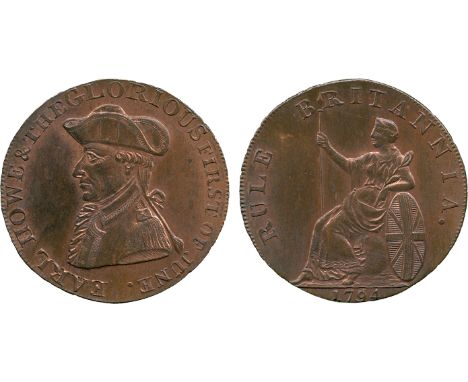 BRITISH 18th CENTURY TOKENS, Peter Kempson, Copper Halfpenny mule, 1794, obv bust of Earl Howe left, EARL HOWE & THE GLORIOUS