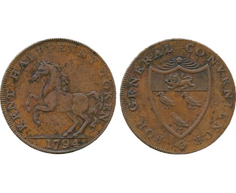 BRITISH 18th CENTURY TOKENS, William Fuggle, Copper Halfpenny, 1794, obv Kentish horse left, KENT HALFPENNY TOKEN around, 179