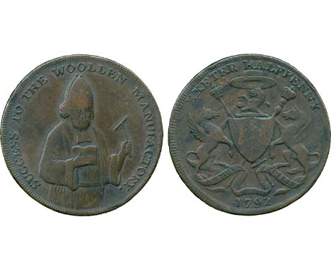 BRITISH 18th CENTURY TOKENS, Samuel Kingdon, Copper Halfpenny, 1792, obv three-quarter figure of Bishop Blaize facing holding