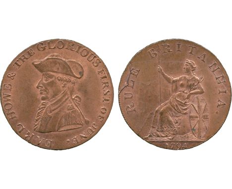 BRITISH 18th CENTURY TOKENS, Peter Kempson, Copper Halfpenny mule, 1794, obv bust of Earl Howe left, EARL HOWE & THE GLORIOUS