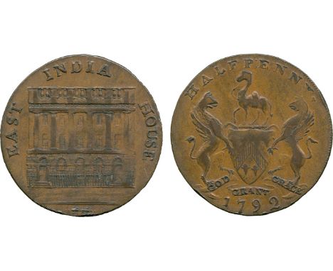 BRITISH 18th CENTURY TOKENS, John Downing, Copper Halfpenny, 1792, obv view of a building, EAST INDIA HOUSE around, the first