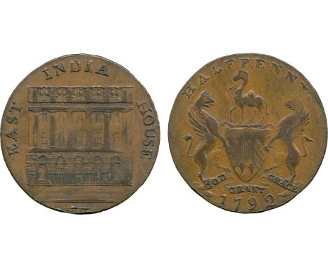 BRITISH 18th CENTURY TOKENS, John Downing, Copper Halfpenny, 1792, obv view of a building, EAST INDIA HOUSE around, the first