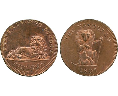 BRITISH 18th CENTURY TOKENS, Gilbert Pidcock, Copper Farthing, 1801, obv lion lying down, fondling a dog, EXETER CHANGE LONDO