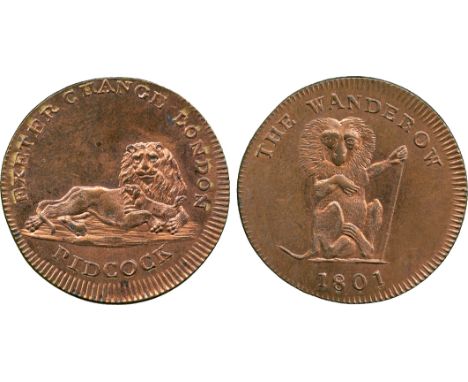 BRITISH 18th CENTURY TOKENS, Gilbert Pidcock, Copper Farthing, 1801, obv lion lying down, fondling a dog, EXETER CHANGE LONDO