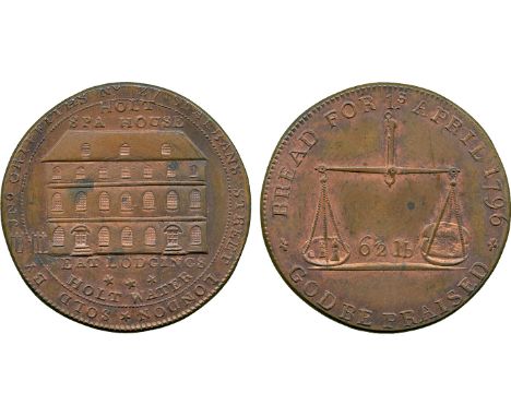 BRITISH 18th CENTURY TOKENS, Peter Kempson, Copper Halfpenny mule, obv view of a building, HOLT SPA HOUSE above, NEAT LODGING