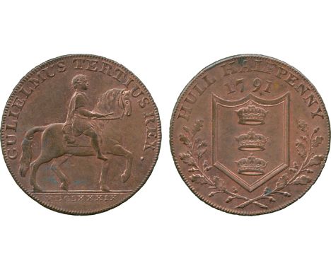 BRITISH 18th CENTURY TOKENS, Jonathan Garton, Garton & Co., Copper Halfpenny, 1791, obv equestrian statue of William III, GUL