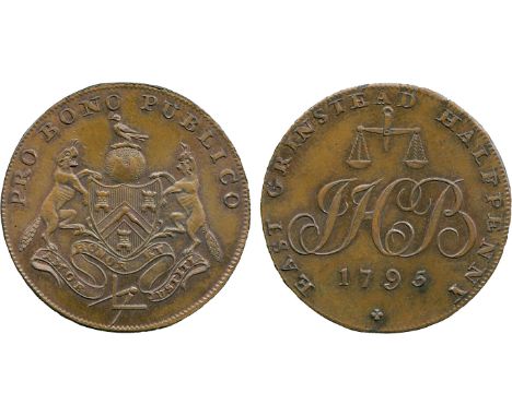 BRITISH 18th CENTURY TOKENS, John Hicks Boorman, Copper Halfpenny, 1795, obv Freemasons’ Arms and supporters, crest a bird up