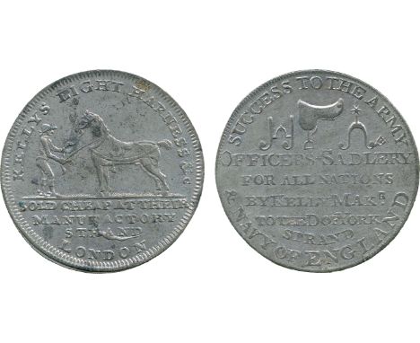 BRITISH 18th CENTURY TOKENS, Jasper & Simon Kelly, White Metal Halfpenny, obv man holding a horse in harness, KELLY’S LIGHT H