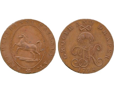 BRITISH 18th CENTURY TOKENS, Thomas King, Copper Halfpenny, 1794, obv Kentish horse in a beaded oval, KENT HALFPENNY PAYABLE 