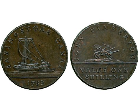 BRITISH 18th CENTURY TOKENS, John Pinkerton, Basingstoke Canal, Copper Shilling, 1789, obv barge sailing left, BASINGSTOKE CA