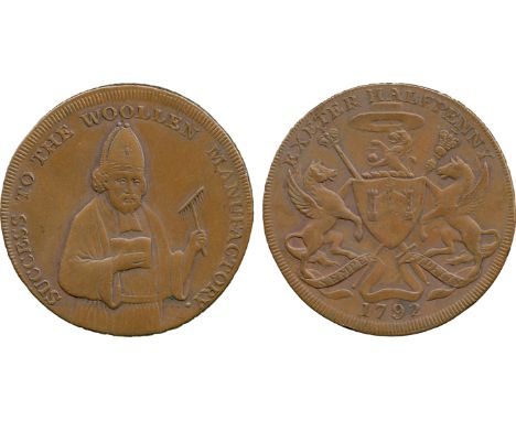 BRITISH 18th CENTURY TOKENS, Samuel Kingdon, Copper Halfpenny, 1792, obv three-quarter figure of Bishop Blaize facing holding