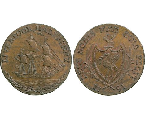 BRITISH 18th CENTURY TOKENS, Thomas Clarke, Copper Halfpenny, 1791, obv ship under sail to right, LIVERPOOL HALFPENNY above, 