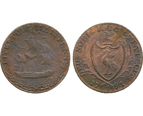 BRITISH 18th CENTURY TOKENS, Thomas Clarke, Copper Halfpenny, 1791, obv ship under sail to right, LIVERPOOL HALFPENNY above, 