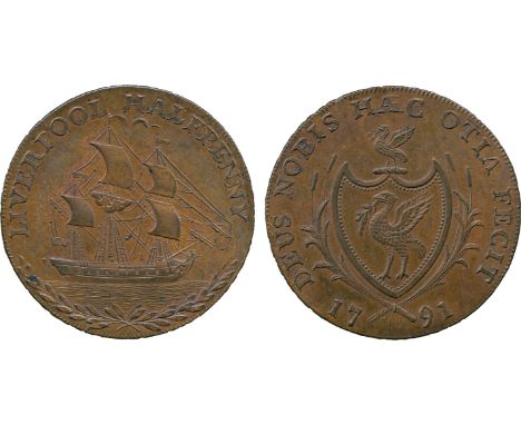 BRITISH 18th CENTURY TOKENS, Thomas Clarke, Copper Halfpenny, 1791, obv ship under sail to right, LIVERPOOL HALFPENNY above, 
