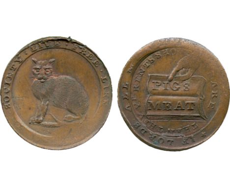 BRITISH 18th CENTURY TOKENS, Thomas Spence, Copper Farthing, 1795, obv cat seated, facing forward, IN . SOCIETY . LIVE . FREE