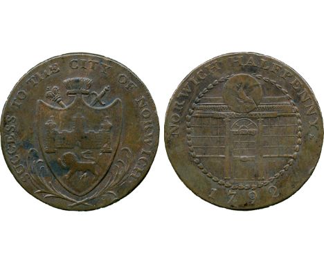 BRITISH 18th CENTURY TOKENS, Dunham & Yallop, Copper Halfpenny, 1792, obv shield of arms of the city of Norwich upon a sword 