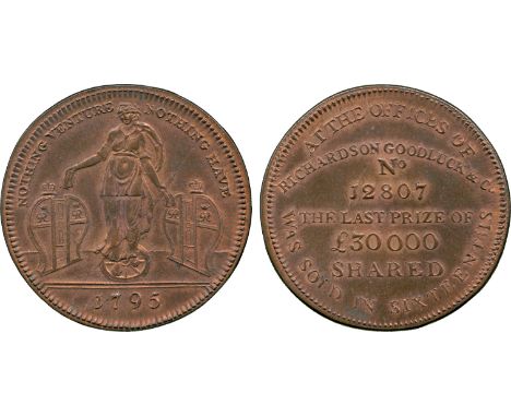 BRITISH 18th CENTURY TOKENS, Richardson, Goodluck, & Co., Copper Halfpenny, 1795, obv figure of Fortune standing between two 