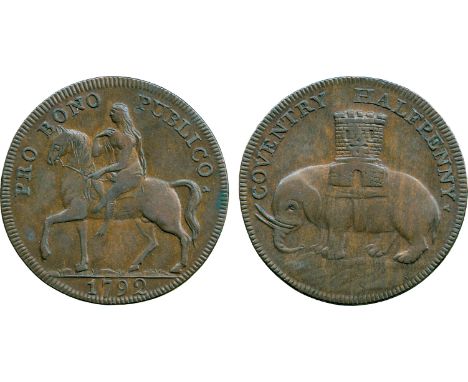 BRITISH 18th CENTURY TOKENS, Robert Reynolds, Reynolds & Co., Copper Halfpenny, 1792, obv Lady Godiva riding a horse, PRO BON
