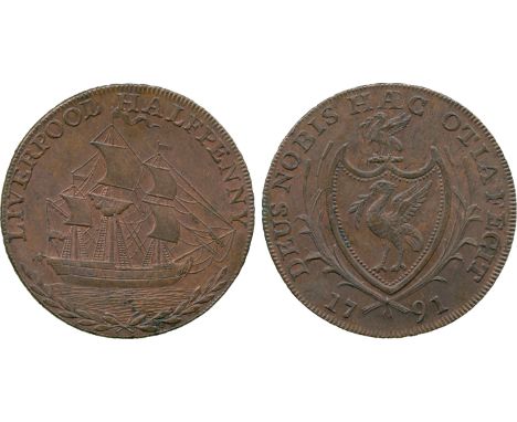 BRITISH 18th CENTURY TOKENS, Thomas Clarke, Copper Halfpenny, 1791, obv ship under sail to right, LIVERPOOL HALFPENNY above, 